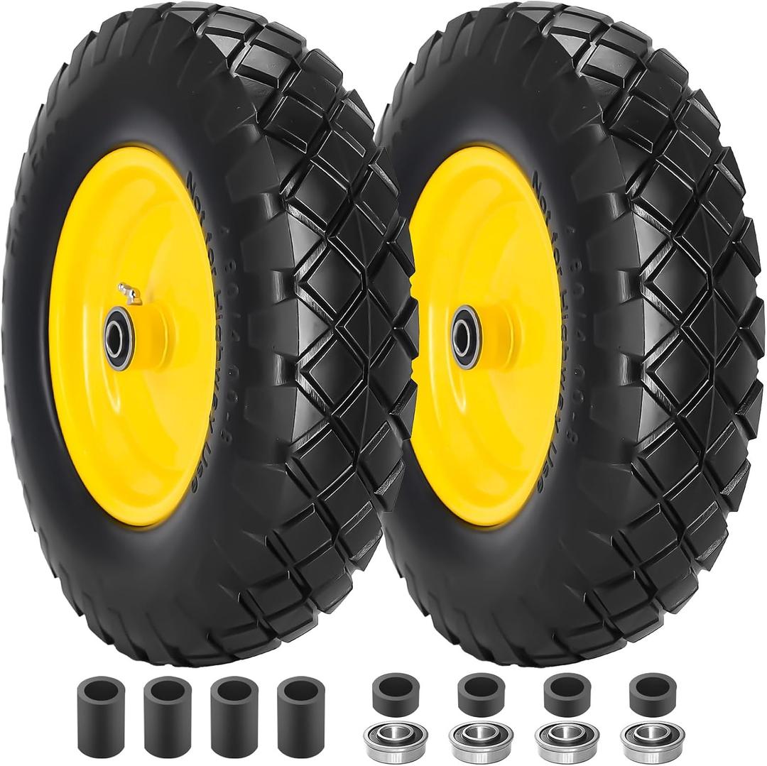4.80/4.00-8 Solid Wheelbarrow Tire and Wheel 16" Flat-Free Tire with 3" Centered Hub 5/8" & 3/4" Bearings Fits Garden Cart, Hand Truck, Wagon,Trolleys and Trailers