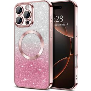 Hython for iPhone 16 Pro Max Case Clear Magnetic Glitter Phone Cases [Compatible with MagSafe] Full Camera Lens Protector Slim Gradient Sparkle Luxury Plating Shockproof Protective Cover Women, Pink