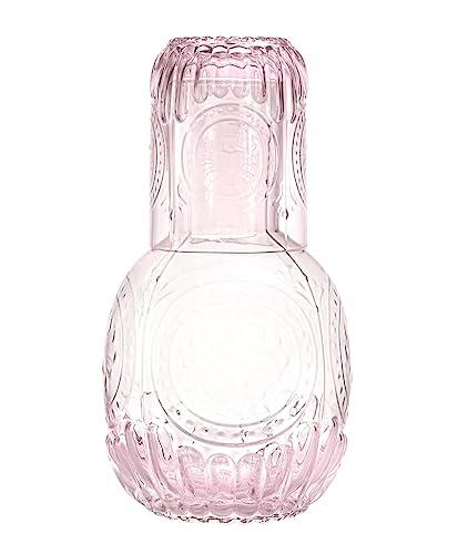 RockTrend Retro Clear Glass Bedside Night Water Carafe with Tumbler Glass, Relief Glass Pitcher, and Cup Night Set