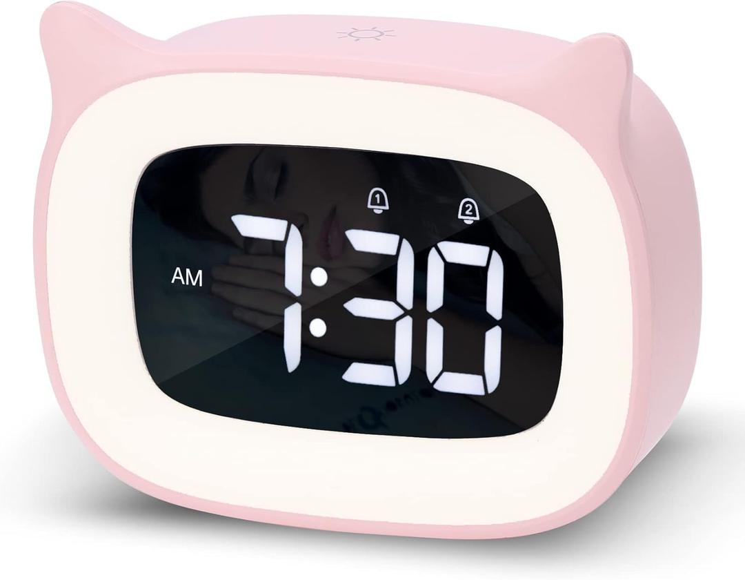 Pink Alarm Clock with Night Light, Cute Cat Alarm Clocks for Girls Toddlers Boys Birthday Gifts, Cute OK to Wake Alarm Clock for Kids Teens Bedrooms