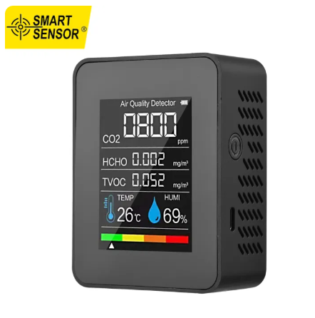 Smart Sensor Portable Air Quality Monitor Indoor CO2 Detector 5 in 1 Formaldehyde HCHO TVOC Tester LCD Tem-perature Humidity Tester Rechargeable CO2 Alarm Meter for Room Office Greenhouse Warehouse