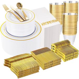 WELLIFE 700 Pieces Gold Plastic Dinnerware Set for 100 Guests - Includes Plates, Cups, Napkins, and Disposable Cutlery - Elegant White & Gold Design, Perfect for Parties and Events