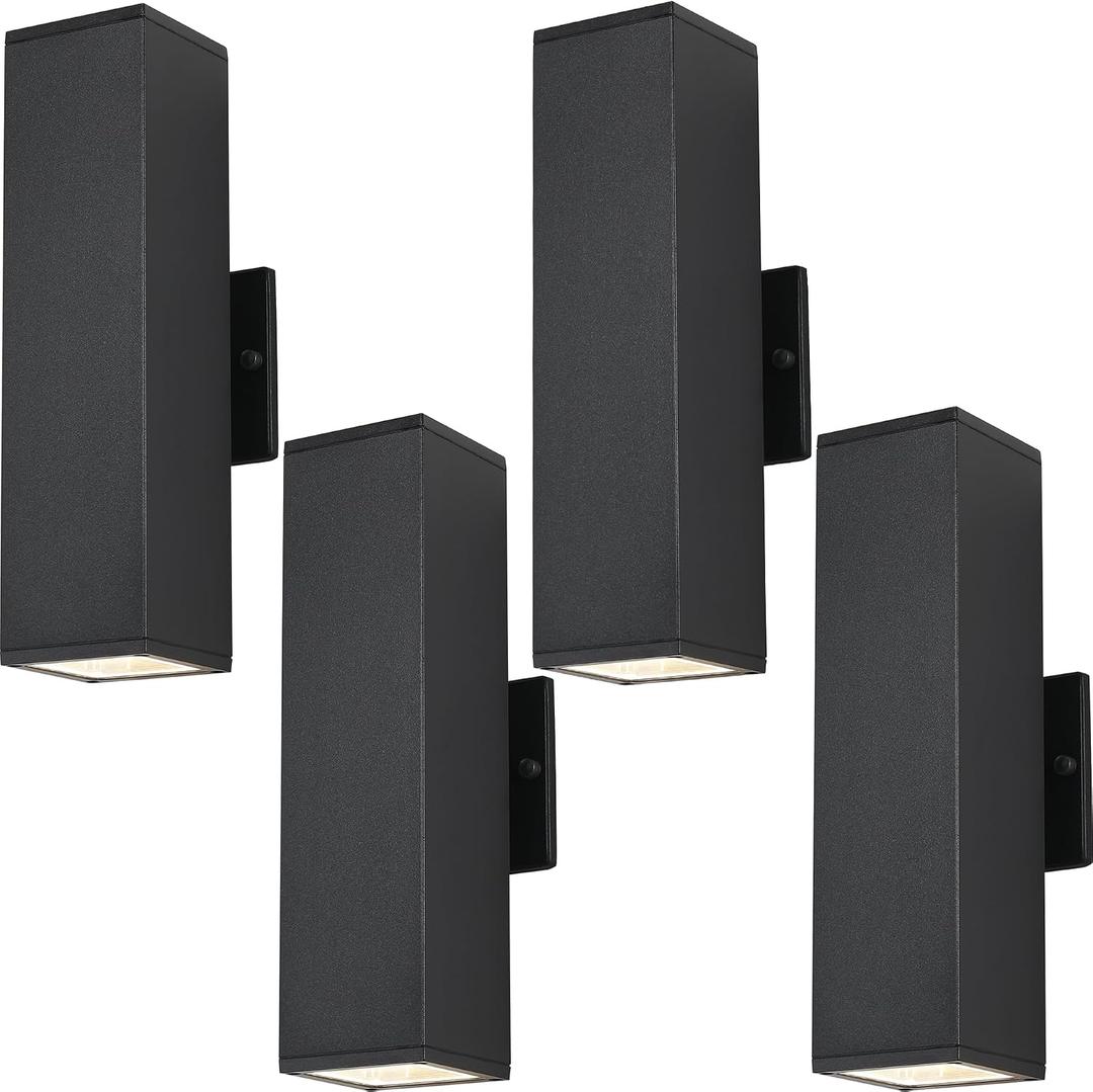 Outdoor Porch Lights, 14 in Outside Lights for House,Garage,Front Door,Modern Black Outdoor Wall Sconce,Up and Down Aluminum Square Patio Wall Light Fixture Include 8 * 7W Led Bulbs 4PCS