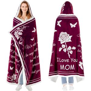Mothers Day Gifts for Mom, Wearable Hoodie Blanket for-Mothers, Mom blanket Gifts from Daughter, Son, Husband, Sherpa Fleece Mother Blankets, Soft Birthday, Wife, Mama, Red (50*70)