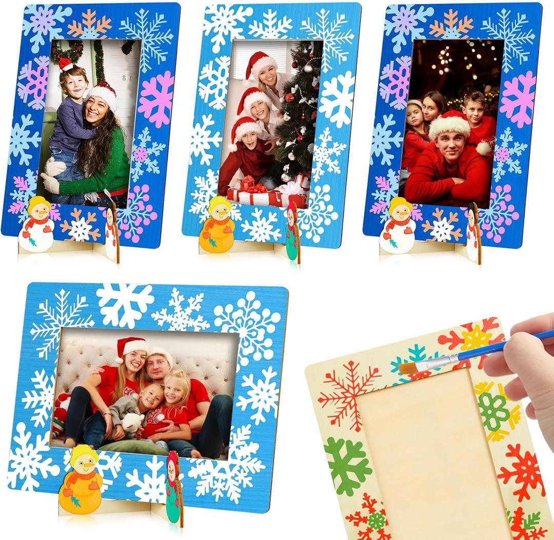 Geelin 24 Sets Winter Wooden Picture Frame DIY Painting Craft Bulk, Christmas Snowflake Photo Frame Crafts 4 x 6 Inch Christmas Arts Decor for Winter Holiday Party Home Classroom Tabletop Ornaments