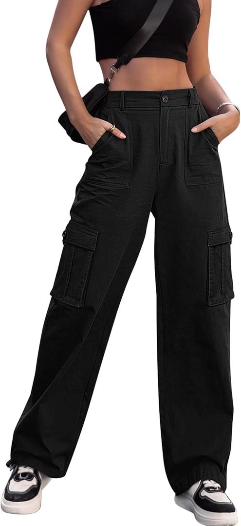 ZMPSIISA Women High Waisted Cargo Pants Wide Leg Casual Pants 6 Pockets Combat Military Trousers (Large, Black)
