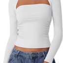 QINSEN Long Sleeve Square Neck Tops for Women Double Lined Side Ruching Going Out Shirts Basic Tee (Large, White)