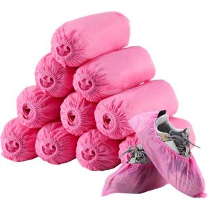 Tigeen 200 Pcs/ 100 Pairs Disposable Shoe Covers Non Woven Stretchable Boot Covers Non Slip Waterproof Shoe Protector for Women Men Fits Size 4-12 Booties Carpet Floor (Pink)