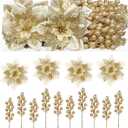 Alupssuc 24 Pieces Christmas Tree Decorations, 12 PCS Gold Poinsettia Flowers Artificial and 12 PCS Glitter Christmas Tree Picks for Christmas Decorations Party Wreath Fireplace Stairs, Gold