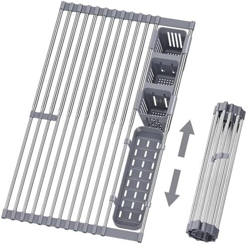 LIONONLY Expandable Roll Up Dish Drying Rack, 304 Stainless Steel Over The Sink Dish Drainer Rack, Foldable Rollable Kitchen Sink Rack with 2 Removable Utensil Holder 12.59”-12.59”to 23.22”