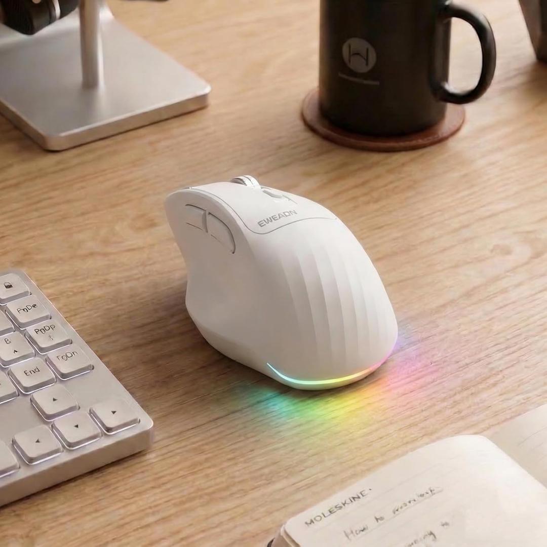 C2 Ergonomic Wireless Mouse, RGB Rechargeable Ergonomic Bluetooth Mouses, 2.4G with 4000 DPI Optical Tracking, 5 Adjustable DPI, Quiet Clicks Computer Mouse for Laptop, PC, Desktop - White