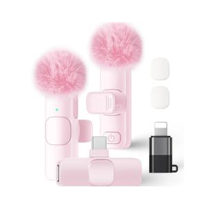 Wireless Lavalier Microphone for iPhone iPad and Android Phone, 2 Pack Lapel Mic Plug and Play Wireless Mic Noise Reduction Microphone for Video Recording Interview Podcast Vlog YouTube Tiktok (Pink)