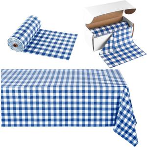 Kochorie 54 Inch x 300 Ft Blue Checkered Plastic Table Cloth Roll Disposable Waterproof Table Cover Plastic Table Cover Roll with Easy Slide Cutter for Outdoor Picnic/Home Dining/Spring Party