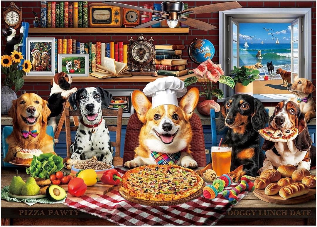 BenBen Puzzles for Adults 1000 Pieces, Dogs' Dinner Party, Dog Jigsaw Puzzle with Letters on Back, Funny Animal Puzzle, Challenging Puzzles for Family Game Night, Home Dcor