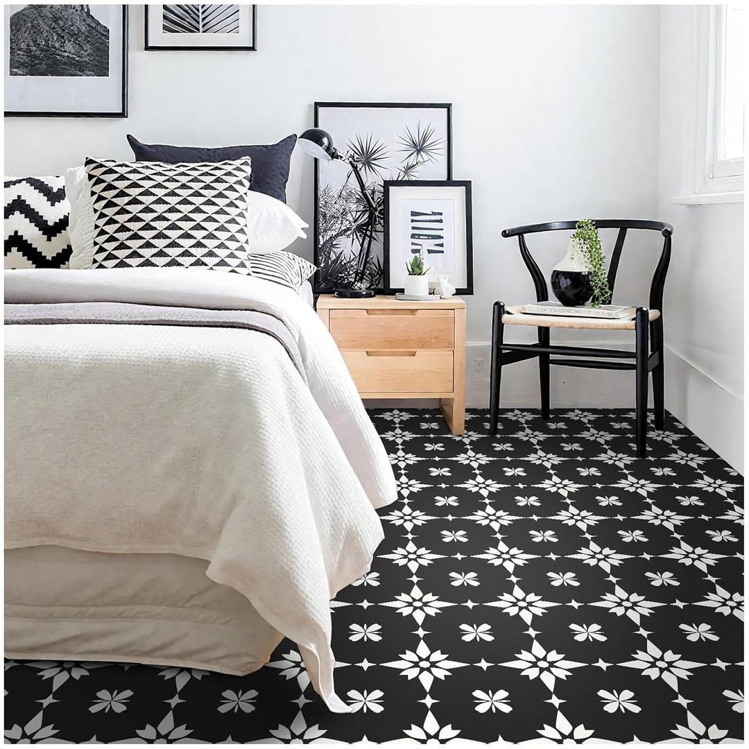 MORCART 20PCS Peel and Stick Floor Tile, 7.87" x 7.87" Waterproof Vinyl Removable DIY Flooring for Bathroom, Kitchen, Bedroom, Stairs, Entryway (Flower Black)