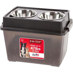 IRIS USA Elevated Dog Bowls, 15" H Raised Bowl for Large Dogs, Airtight Pet Food Storage Holds Up to 47 Lbs, 2 Removable 64 oz Stainless Steel Bowls, at Home or Camping, Smoke/Black