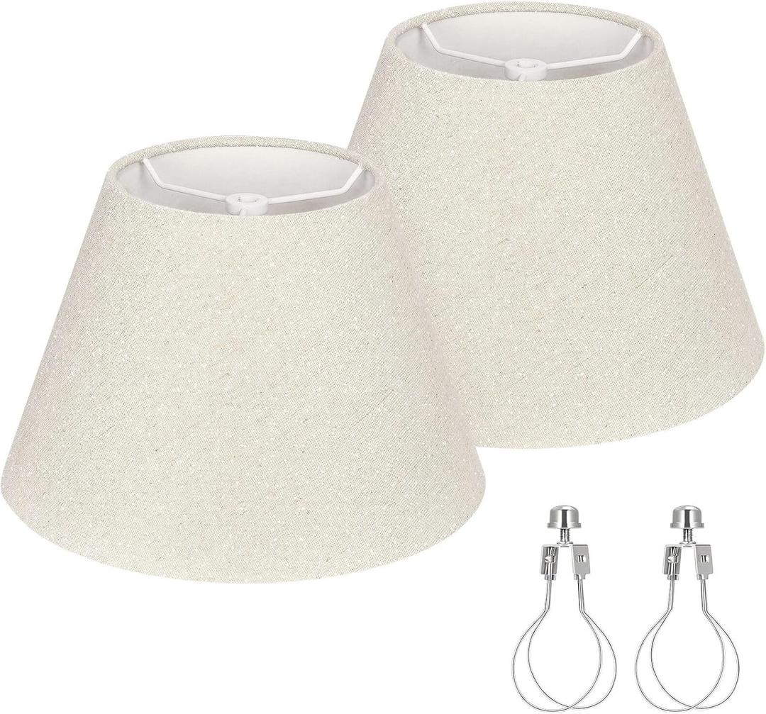 Small Lamp Shades Set of 2, Beige with Silver Thread Lamp Shade, 5.5" Top x 10" Bottom x 6.6" High, Glitter Linen Lamp Shades for Table Lamps Bedside Lamps, Spider, Bulb Clip Adapters Included