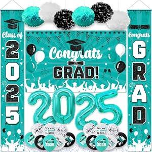 Teal Graduation Decorations 2026, Class of 2026 Decorations, Teal And Black Graduation Decorations 2026 Include Proch Banner, Balloons, Backdrop and Paper Pompoms
