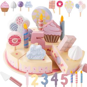 Birthday Party Cake Toys, Wooden Play Food Set for Kids Toddlers, Play Kitchen Toys for Boys Girls, Educational Toys