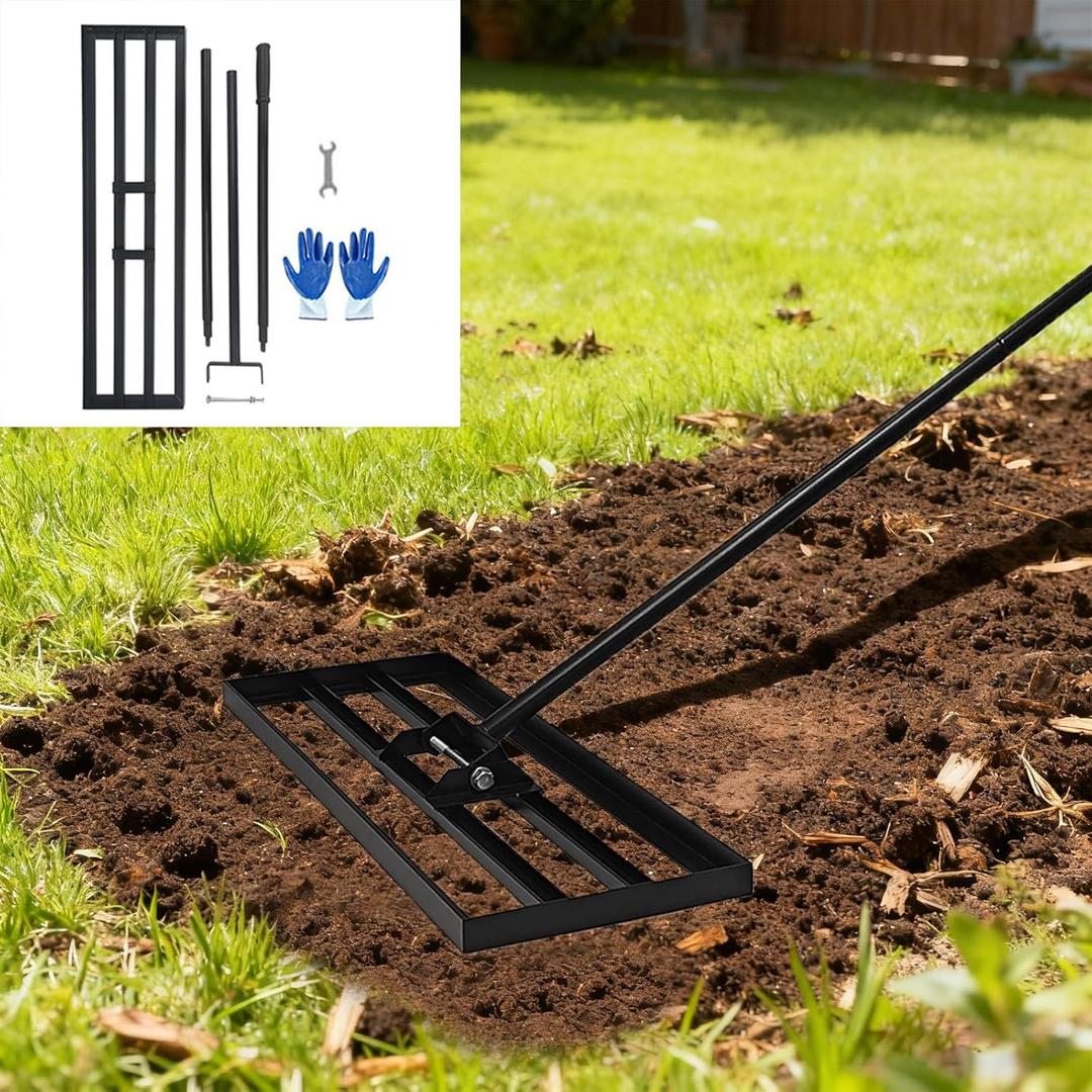 30"x10" Lawn Leveling Rake - High Carbon Steel Yard Lawn Leveler Tool with Adjustable Long Handle | Multi-Surface Levelawn Tool for Soil, Grass, Golf Course, Garden & Farm Care