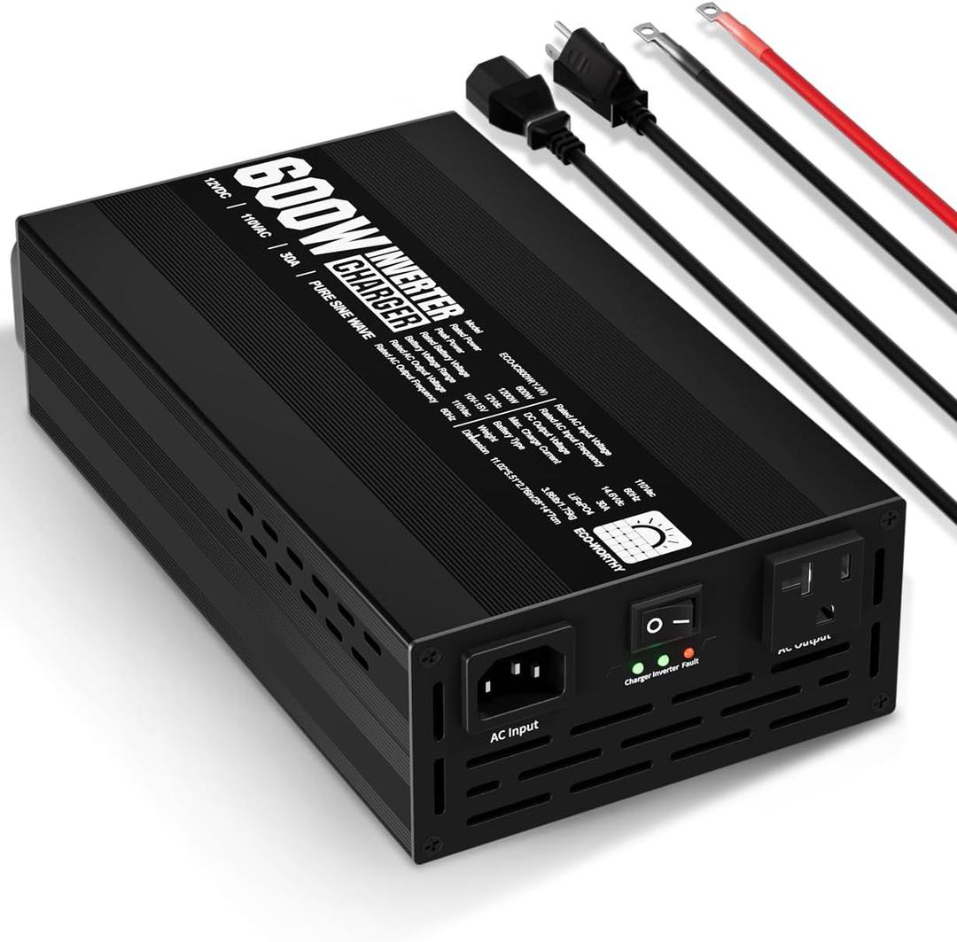 ECO-WORTHY 600W Inverter Charger, 600W Pure Sine Wave Inverter & 30A LiFePO4 Battery Charger with 20ms UPS, DC 12V to AC 110V, Output Surge 1200W, for RV Lithium Batteries Roadtrip Essentials
