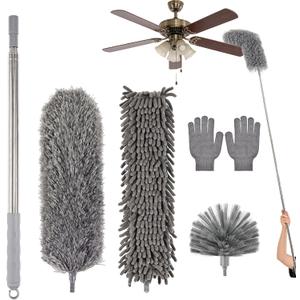 Microfiber Feather Duster 5-in-1 Kit with Extension Pole, Washable Cleaning Duster Set with 3 Duster Heads, Cobweb Duster, Corner Brush, 100'' Extendable Long Duster for High Ceilings, Fans, Furniture