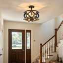 SGLfarmty Farmhouse Ceiling Light Fixture, 4-Light 13.8 Inch Rustic Industrial Black Metal Wood Cage Semi Flush Mount Lighting for Kitchen, Hallway, Bedroom, Entryway, Foyer