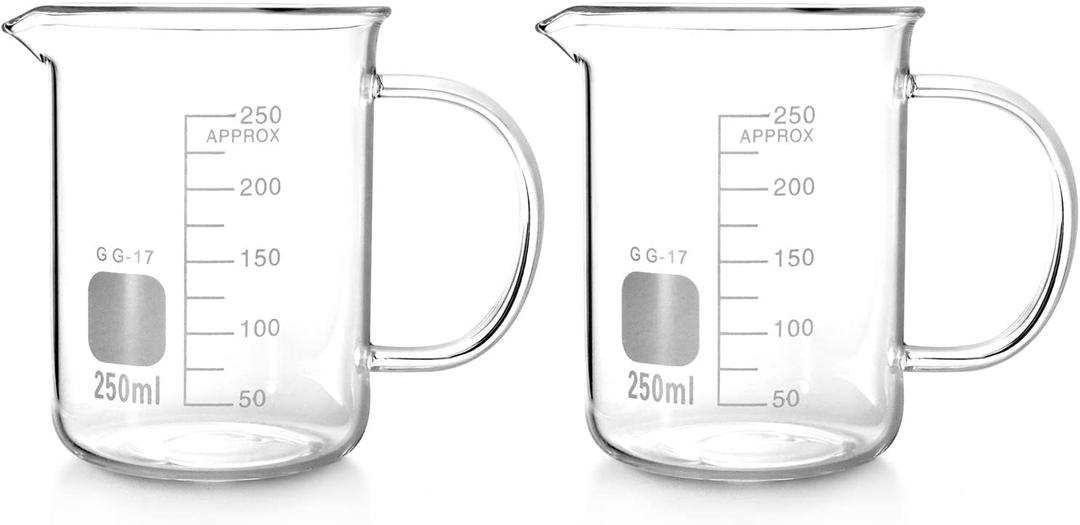 QWORK Beaker with Handle, 250ml/8.45oz, Measuring Cup, Borosilicate Glass, Beaker Mug with Pouring Spout, 2 Pack