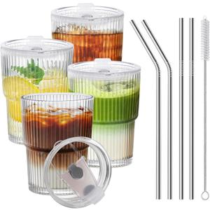 HIGIINC Iced Coffee Cups with Lids 4 Pcs, 13 OZ Glass Cups with Lids and Straws, Reusable Ribbed Glasses Drinking Set, Clear Cute Aesthetic Glass Tumbler for Home Kitchen Office Travel, Small