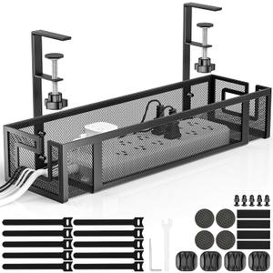 Under Desk Cable Management Tray, GZOKMOG 15.75" No Drill Cable Management Under Desk, Heavy Duty Metal Cord Organizer, Home Office Wire Management for Standing/Gaming Desk, 1 Pack Black