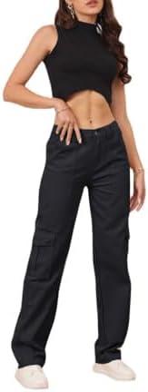 THWEI Cargo Pants for Women High Waisted Casual Pants Y2K Streetwear with 6 Pockets, L 