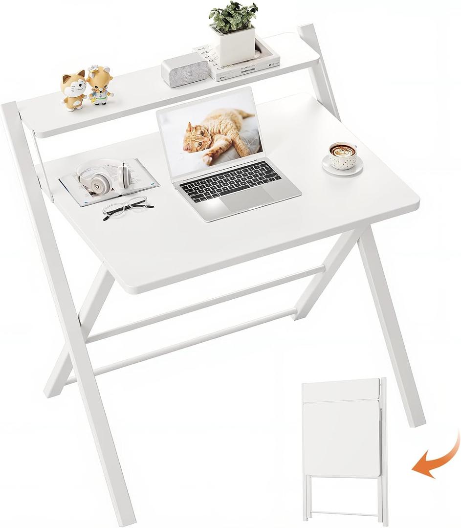 GreenForest Folding Desk No Assembly Required Large Size, 2-Tier Foldable Computer Desk with Shelf for Home Office, Space Saving Portable Laptop Study Foldable Table for Bedroom, White, 24.5 x 30 inch
