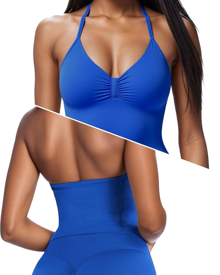 Adamotto Workout Tank Tops for Women with Paded Impact Longline Halter V-Neck Open Back Athletic Top for Gym Yoga Casual Tops - Klein Blue Large (Blue, L)