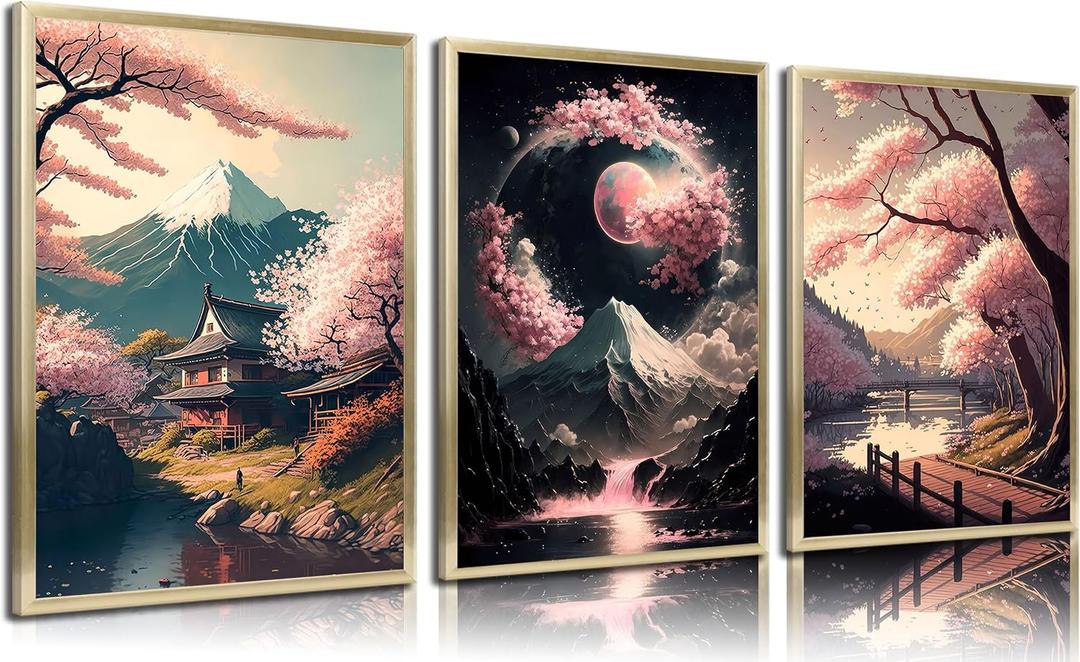 3Pcs Japanese Canvas Wall Art Cherry Blossom Lake Landscape Posters Prints Japan Mount Fuji Wall Decor Pictures for Living Room Bedroom Home Decoration Unframed