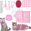 9 Pcs Cat Bathing Bag Set Cat Shower Bag Anti Bite and Scratch for Pet Grooming Washing Brush Comb Muzzle Nail Clipper Nail File Tick Tool (Pink)