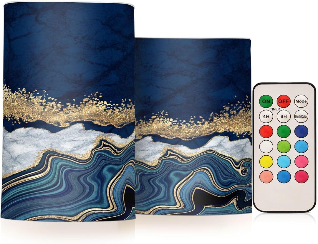 Flickering Flameless Candles, Navy Blue Marble Golden Veins LED Candles with Remote Timer, Set of 2 Battery Operated Candle for Valentine Wedding Birthday (D3" x H5", D3" x H4", D017)