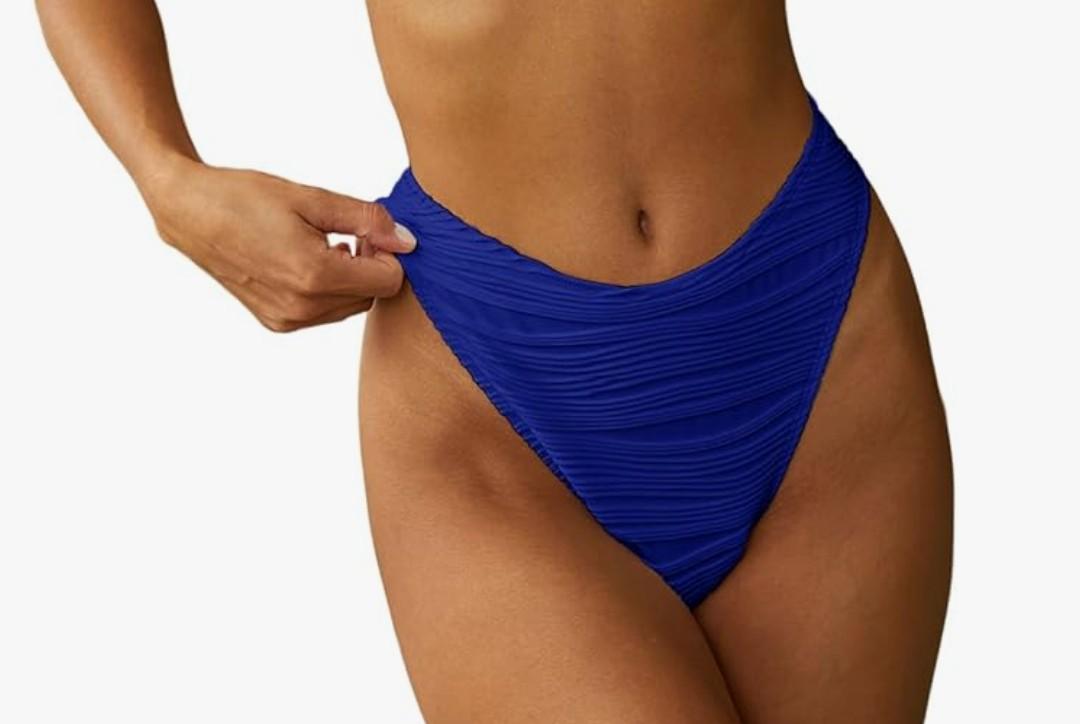 ZAFUL Women Strapless Textured Bandeau Bikini Swimwear Cheeky Solid Lace up Bathing L