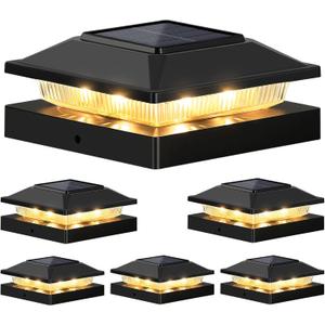 Brightever 4x4 3.5x3.5 Solar Post Cap Lights 6-Pack, Outdoor Solar Powered Fence Post Lights, Black Solar Waterproof Deck Post Lights for Vinyl/Wood Posts, Warm/Cool White, Perfect for Garden Patio