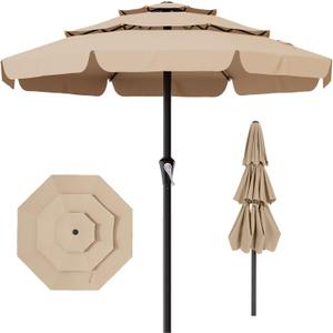 AreShark 11FT 3-Tiers Patio Umbrella with Valance, Outdoor with Crank, Large Outdoor Market Umbrellas Vented with 8 Sturdy Ribs, Patio Table Umbrellas for Garden, Deck, Backyard, Pool, Beige