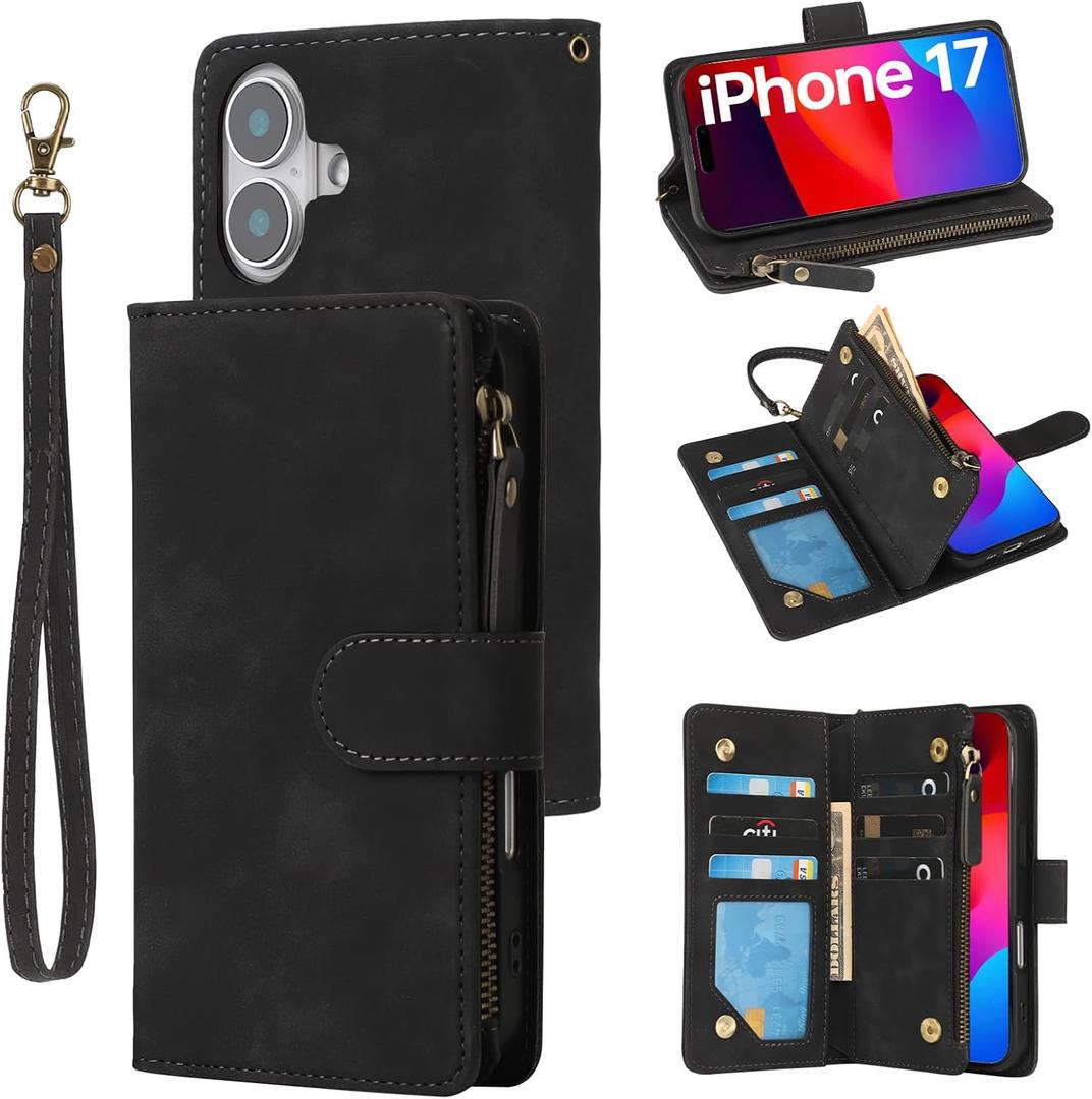 RANYOK Wallet Case Compatible with iPhone 17 Case, with 6 Card Holder RFID Blocking, PU Leather Zipper Flip Wallet Pocket, Kickstand, Wrist Strap | Protective Phone Cover for 17, Black
