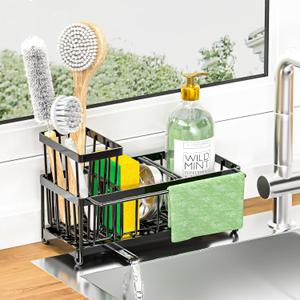 Sponge Holder for Kitchen Sink, Self-Draining Kitchen Sink Organizer with Elevated Brush and Dishcloth Holder,304 Stainless Steel, Rustproof, Sponge Caddy Organizer for Countertop-Black