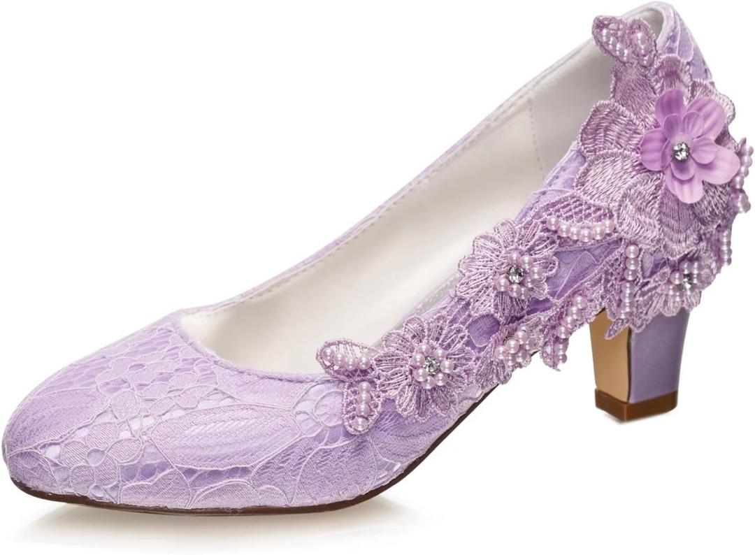 Emily Bridal Wedding Shoes Women's Silk Like Satin Chunky Heel Pumps with Stitching Lace Flower Crystal Pearl (7.5, Light Purple)