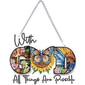 STGLCR DIY Butterfly Hanging Diamond Art Kit God, Acrylic Diamonds Painting Pendant Board Kit, 5D Gem Art Ornament Kit for Adults, Double Sided 7.8inch with God All Thing are Possible