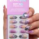 BTArtbox Press On Nails Medium - 3D Purple Butterfly French Tip Almond Press On Nails with Glue for Women, Opaque Soft Gel Glue On Nails in 15 Sizes - 30 Stick On Nails Kit, Flutter Besties