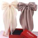 Pack of 3 Hibasso Large 2-Piece Silky Satin Hair Bows Set for Women, Girls with Long Tails and Metal Clips – Aesthetic bow hair clip, Stylish Hair Accessories (Gray & Beige)