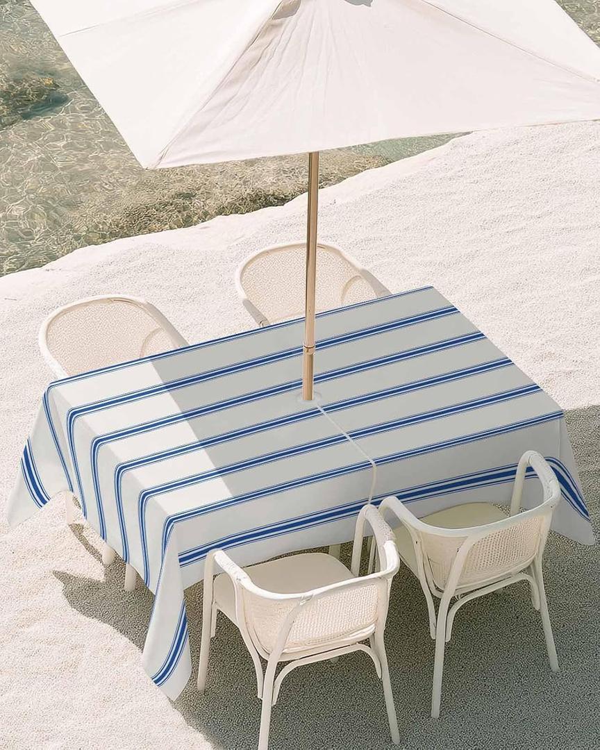 60x102 Inch Outdoor Tablecloth with Umbrella Hole Zipper Rectangle Navy Blue Striped Rectangular Tablecloths Outside Waterproof Rustic Blue Stripe Modern Art Beige Patio Table Cover for Picnic Party