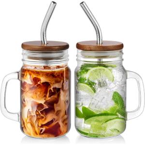 DRASTAR Iced Coffee Cup, 16 oz Mason Jar Cups with Handle, Small Glass Coffee Mugs with Straws and Acacia Lids, Drinking Glass Cups Set of 2, Smoothie, Overnight Oats Containers (colorless)