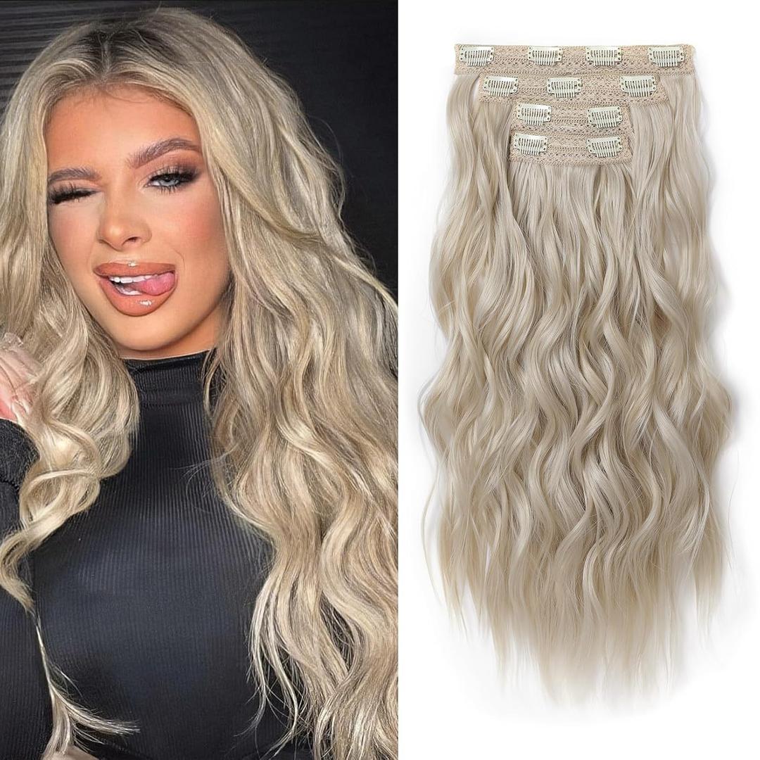 REECHO Clip in Hair Extensions, 4PCS Blonde Hair Extensions 24" Thick Long Beach Waves hair extensions HE003 Invisible Lace Weft Natural Soft Hairpieces for Women – Medium Blonde