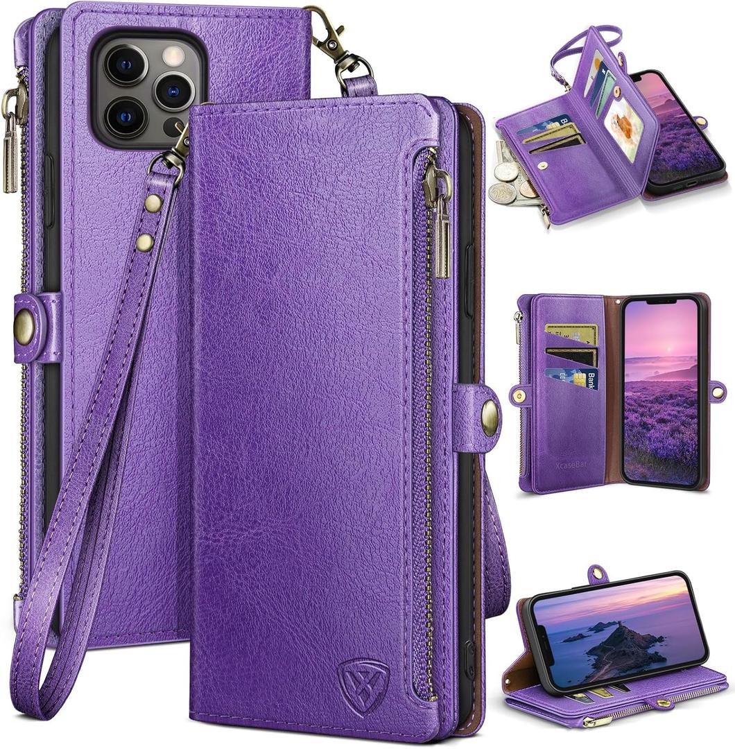 XcaseBar for iPhone 12 Pro Max 6.7" Wallet case with Zipper Credit Card Holder【RFID Blocking】, Flip Folio Book PU Leather Phone case Shockproof Cover Women Men for Apple 12 Pro Max case Purple