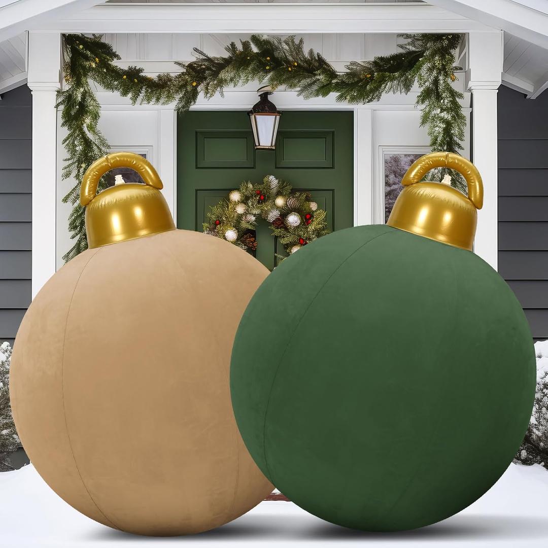 Jetec 2 Pcs 48 Inch Velvet Inflatable Christmas Ornaments Balls, Outdoor Blow up Xmas Inflatable Giant PVC Christmas Ornaments for Tree Indoor Lawn Porch Garden Yard Decor(Green,Brownish Yellow)